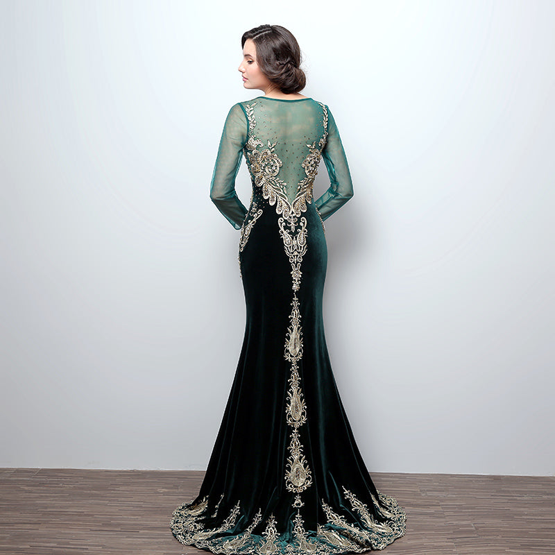 Gorgeous Long - Sleeved Emerald Green Mermaid Gown with Gold Embroidered Detailing Prom Dress,LX362