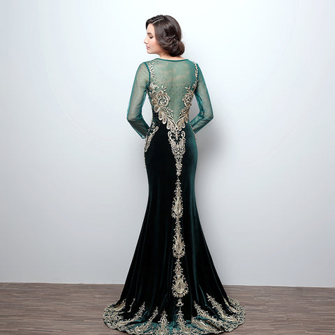 Gorgeous Long - Sleeved Emerald Green Mermaid Gown with Gold Embroidered Detailing Prom Dress,LX362