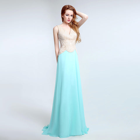 Graceful Sleeveless V - Neck Ombre Gown with Embroidered Bodice and Flowing Tulle Prom Dress,LX178