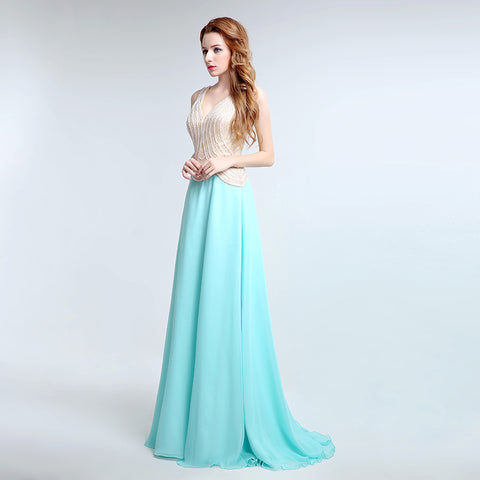 Graceful Sleeveless V - Neck Ombre Gown with Embroidered Bodice and Flowing Tulle Prom Dress,LX178