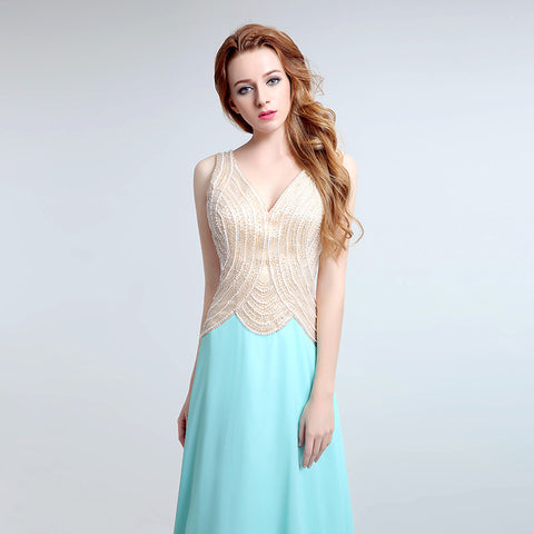 Graceful Sleeveless V - Neck Ombre Gown with Embroidered Bodice and Flowing Tulle Prom Dress,LX178