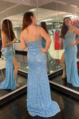 Mermaid Sweetheart Sequins Long Prom Dresses with Slit