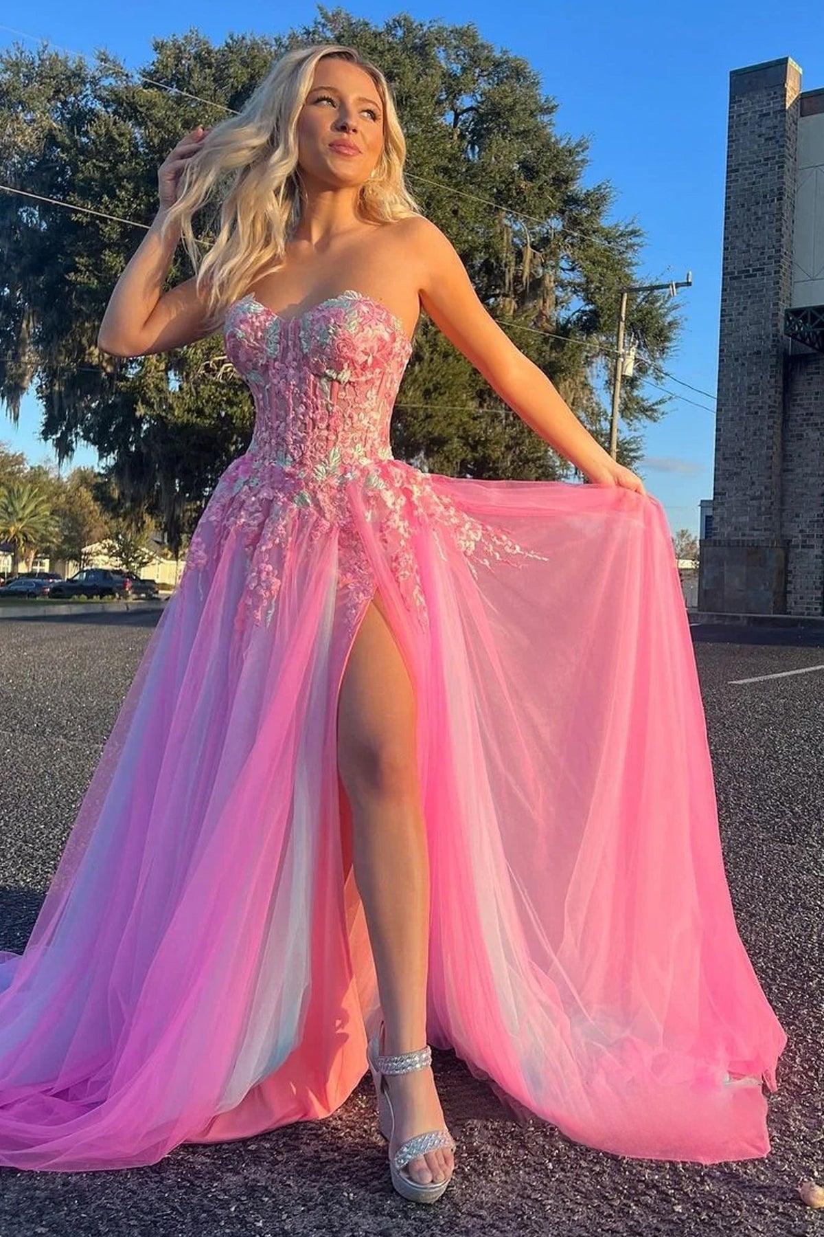 Cute A Line Sweetheart Colorful Tulle Slit Prom Dresses