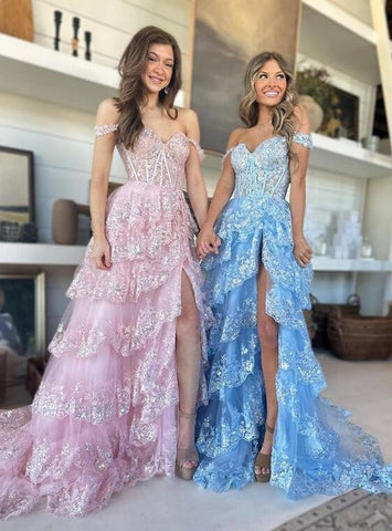 A-Line  Off-the-Shoulder Tiered Long Lace Prom Dress with Slit