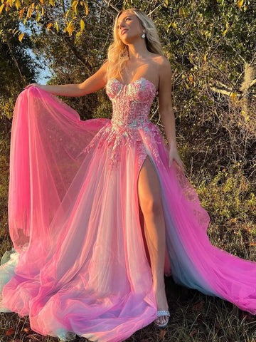 Cute A Line Sweetheart Colorful Tulle Slit Prom Dresses
