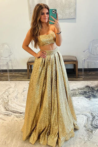 Two Piece Strapless Sequins Long Gold Prom Dress