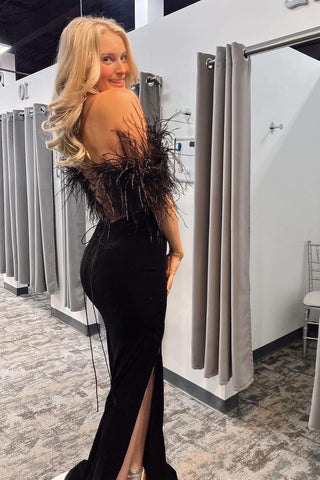 Black Mermaid Off the Shoulder Long Prom Dresses with Feather