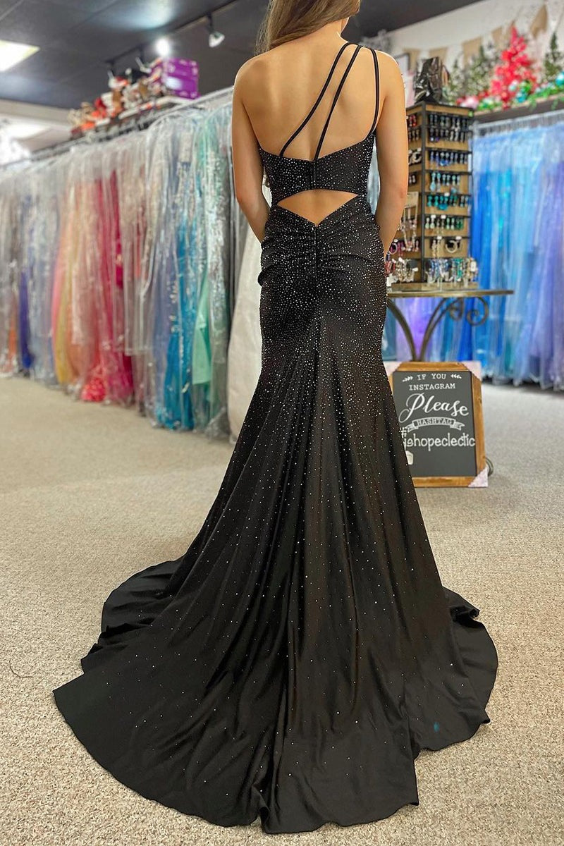 Black Mermaid One Shoulder Beaded Long Prom Dresses