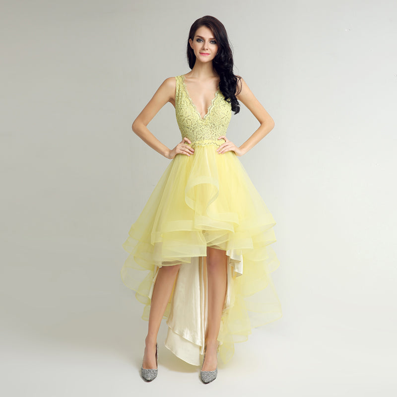 Glamorous Sleeveless Yellow High - Low Dress with Lace Bodice and Tulle Prom Dress,LX230