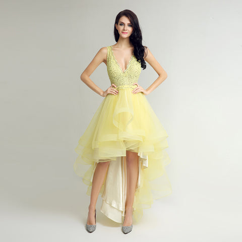 Glamorous Sleeveless Yellow High - Low Dress with Lace Bodice and Tulle Prom Dress,LX230