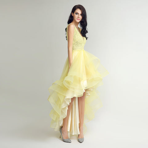 Glamorous Sleeveless Yellow High - Low Dress with Lace Bodice and Tulle Prom Dress,LX230