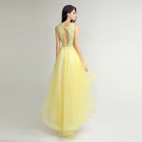 Glamorous Sleeveless Yellow High - Low Dress with Lace Bodice and Tulle Prom Dress,LX230