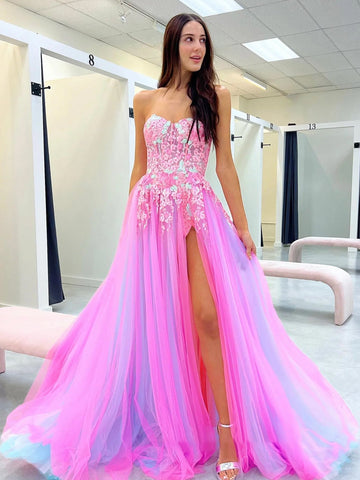 Cute A Line Sweetheart Colorful Tulle Slit Prom Dresses