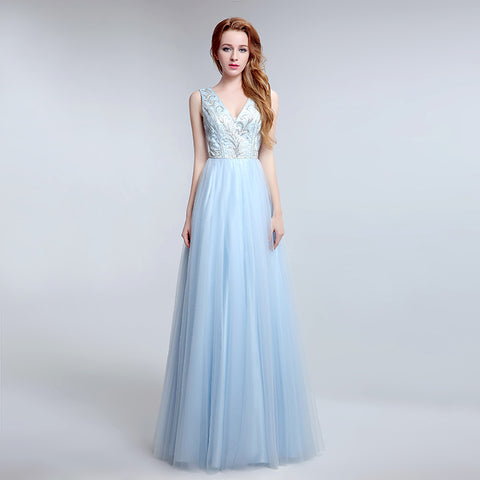 Elegant Sleeveless V - Neck Light Blue Gown with Embroidered Bodice and Flowing Tulle Prom Dress,LX181