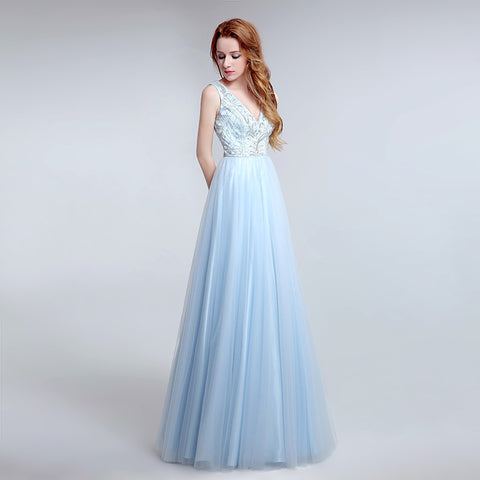 Elegant Sleeveless V - Neck Light Blue Gown with Embroidered Bodice and Flowing Tulle Prom Dress,LX181