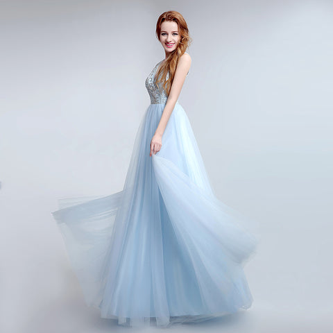 Elegant Sleeveless V - Neck Light Blue Gown with Embroidered Bodice and Flowing Tulle Prom Dress,LX181