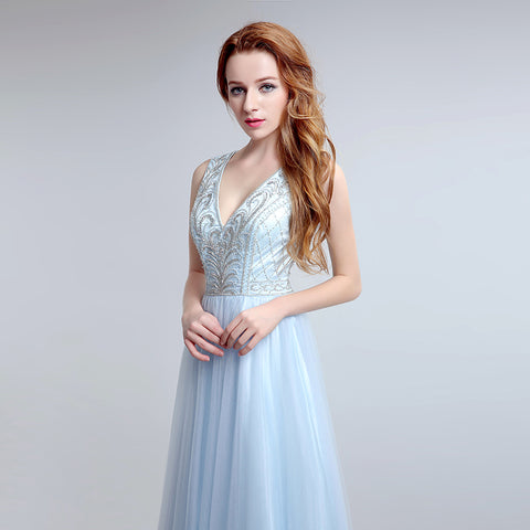 Elegant Sleeveless V - Neck Light Blue Gown with Embroidered Bodice and Flowing Tulle Prom Dress,LX181