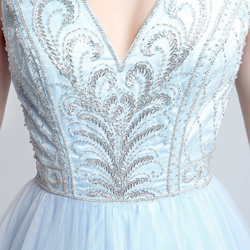 Elegant Sleeveless V - Neck Light Blue Gown with Embroidered Bodice and Flowing Tulle Prom Dress,LX181
