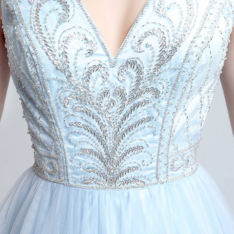 Elegant Sleeveless V - Neck Light Blue Gown with Embroidered Bodice and Flowing Tulle Prom Dress,LX181