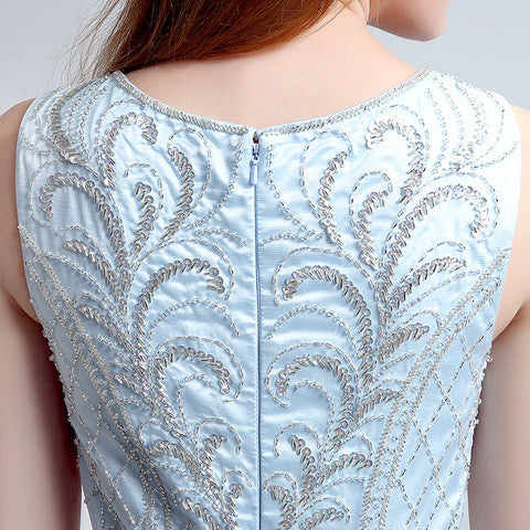 Elegant Sleeveless V - Neck Light Blue Gown with Embroidered Bodice and Flowing Tulle Prom Dress,LX181