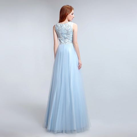 Elegant Sleeveless V - Neck Light Blue Gown with Embroidered Bodice and Flowing Tulle Prom Dress,LX181