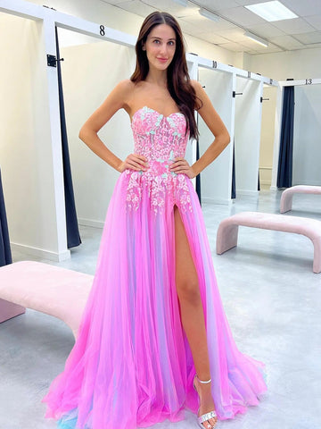 Cute A Line Sweetheart Colorful Tulle Slit Prom Dresses