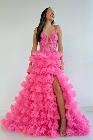 Cute Pink A Line Sweetheart Tiered Tulle Prom Dresses