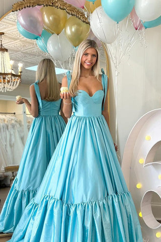 Sweetheart Light Blue Satin Ruffle A-Line Long Prom Dress