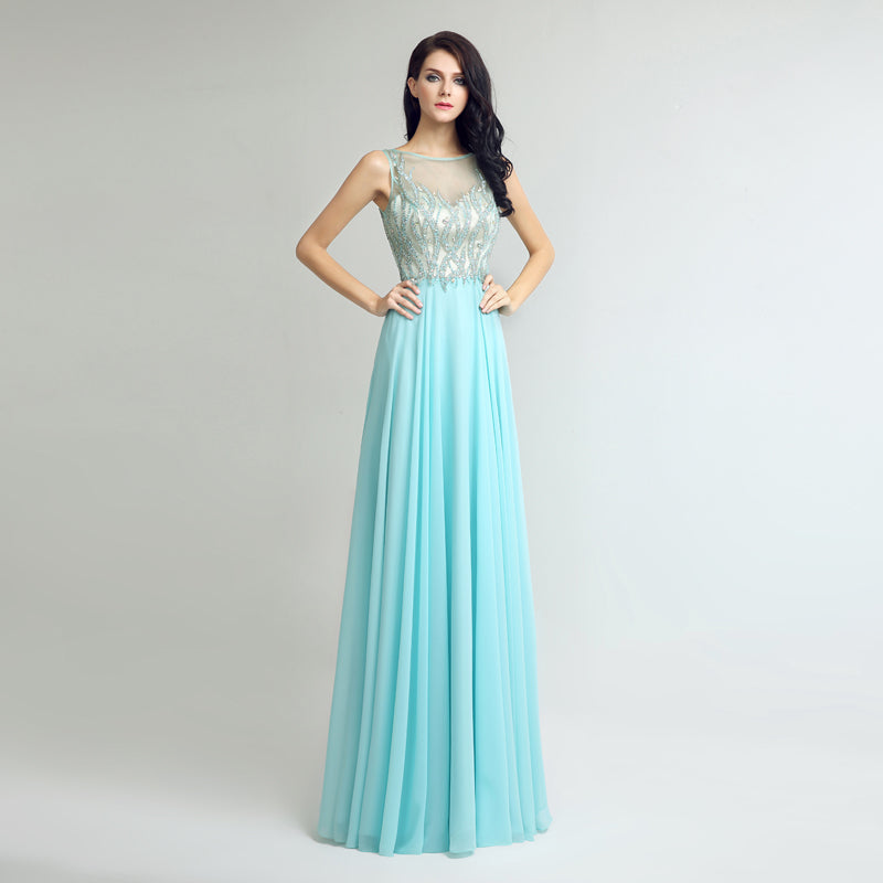 Elegant Sleeveless Mint Green Gown with Embroidered Sheer Bodice Prom Dress,LX273