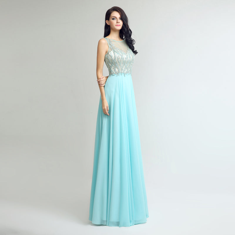 Elegant Sleeveless Mint Green Gown with Embroidered Sheer Bodice Prom Dress,LX273