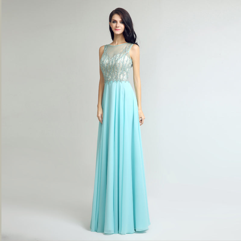Elegant Sleeveless Mint Green Gown with Embroidered Sheer Bodice Prom Dress,LX273