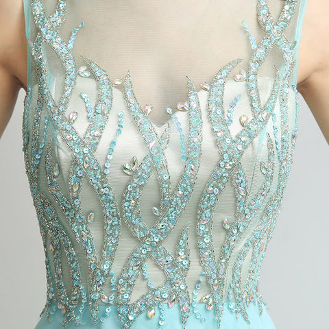 Elegant Sleeveless Mint Green Gown with Embroidered Sheer Bodice Prom Dress,LX273
