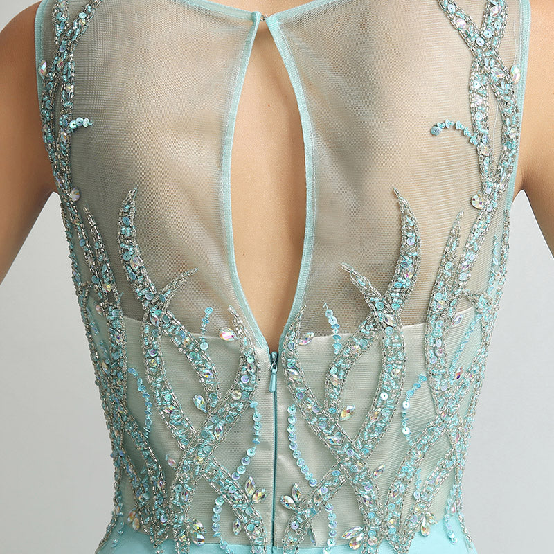 Elegant Sleeveless Mint Green Gown with Embroidered Sheer Bodice Prom Dress,LX273