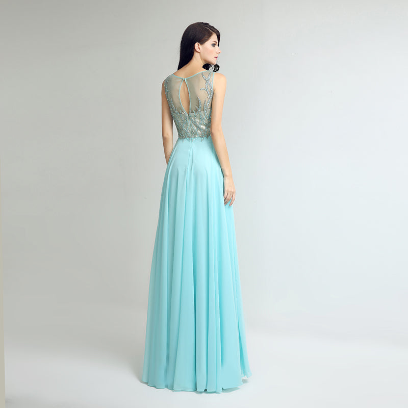Elegant Sleeveless Mint Green Gown with Embroidered Sheer Bodice Prom Dress,LX273