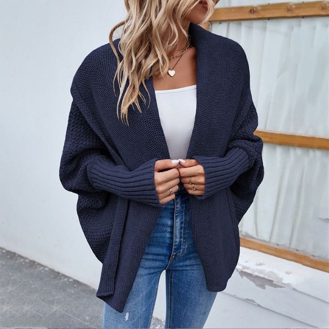 Autumn and Winter New Women's Solid Color Bat Sleeve Cardigan Coat
