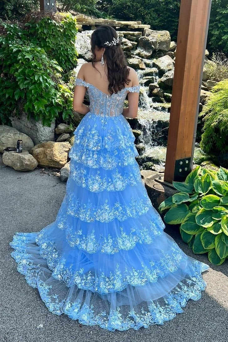 Cute A Line Off the Shoulder Blue Sequin Lace Long Prom Dresses