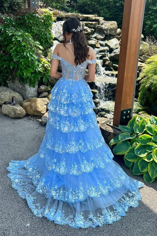 Cute A Line Off the Shoulder Blue Sequin Lace Long Prom Dresses