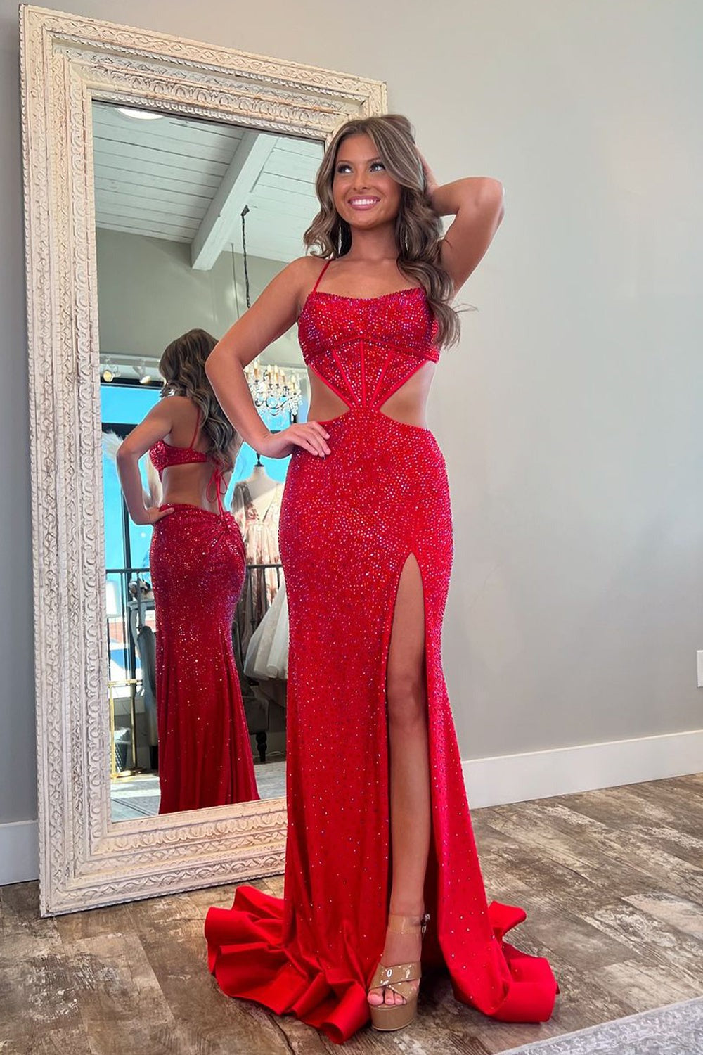 Sparkly Straps Mermaid Red Prom Dresses with Slit