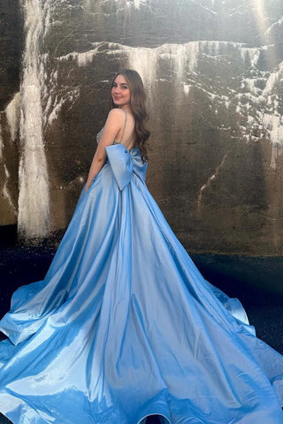 Pretty Beaded Light Blue Satin A Line Prom Dress with Bow