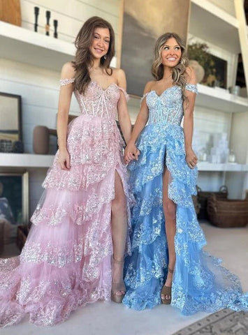 Cute A Line Off the Shoulder Blue Sequin Lace Long Prom Dresses