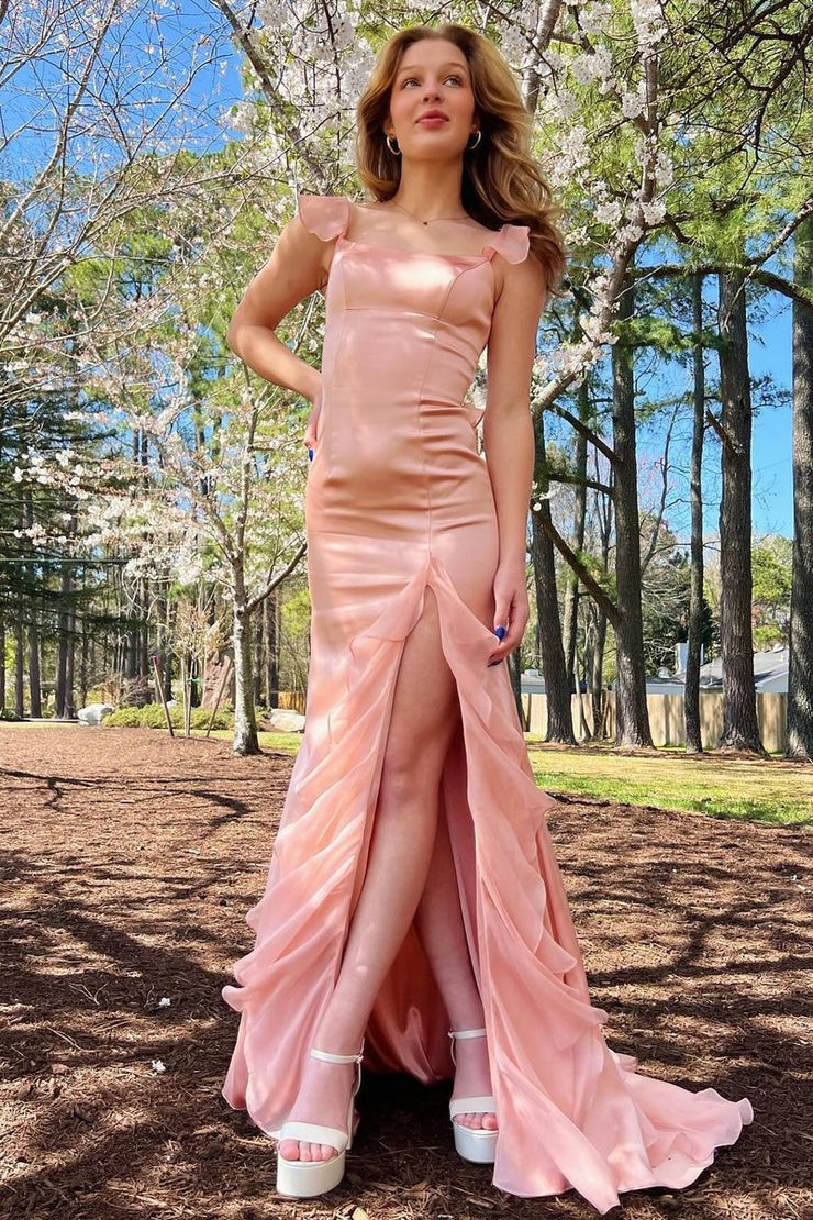 Square Neck Ruffle Chiffon Long Pink Prom Dress with Slit