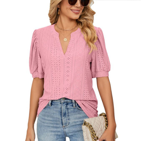Summer casual V-neck solid color hollow bubble sleeve loose T-shirt