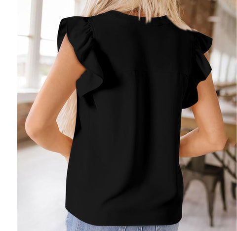 Fashionable chiffon V-neck petal lotus leaf short sleeved waistband top