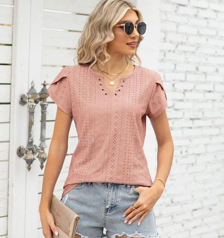 Fashionable V-neck button hollow loose short sleeved T-shirt top