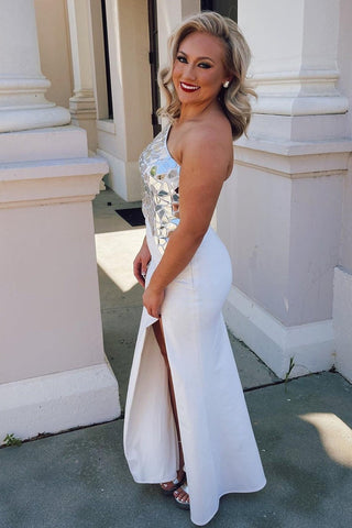 One Shoulder Sheath  Cut Mirror Sequins Prom Dress