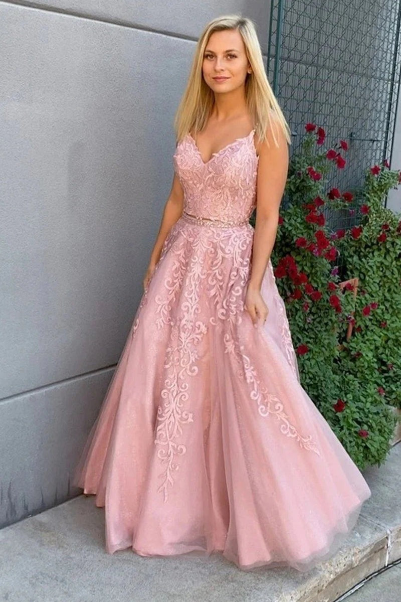 A Line Two Pieces Lace Appliques Pink V Neck Prom Dresses Evening Dresses