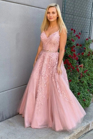 A Line Two Pieces Lace Appliques Pink V Neck Prom Dresses Evening Dresses