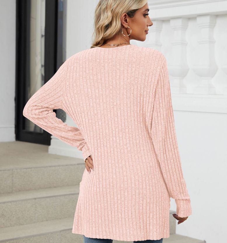 Autumn and winter new solid color pocket long sleeved base cardigan knitted sweater