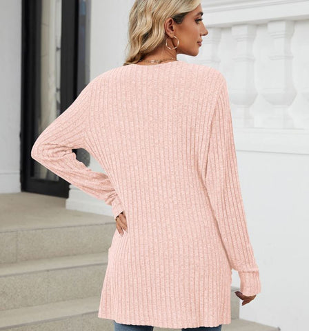 Autumn and winter new solid color pocket long sleeved base cardigan knitted sweater