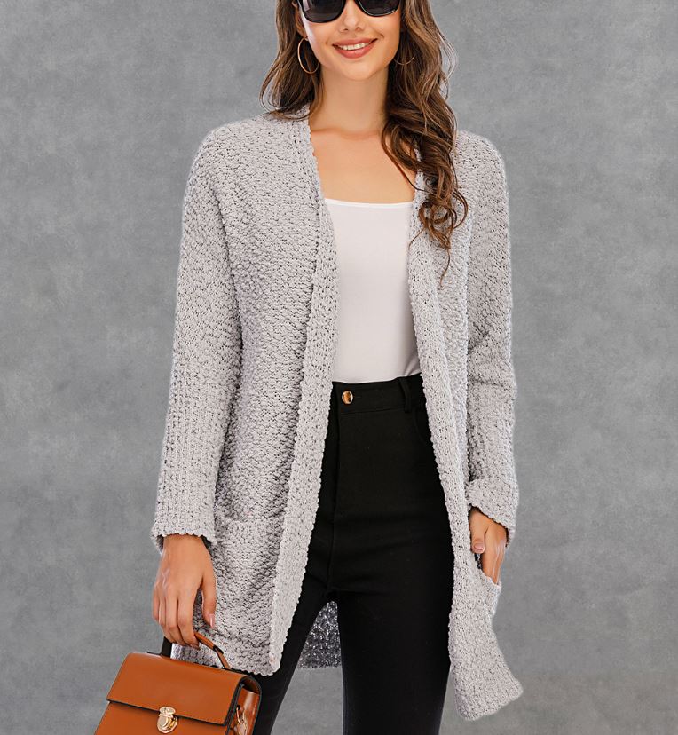 Winter new plus size knitted double pocket cardigan mid length sweater